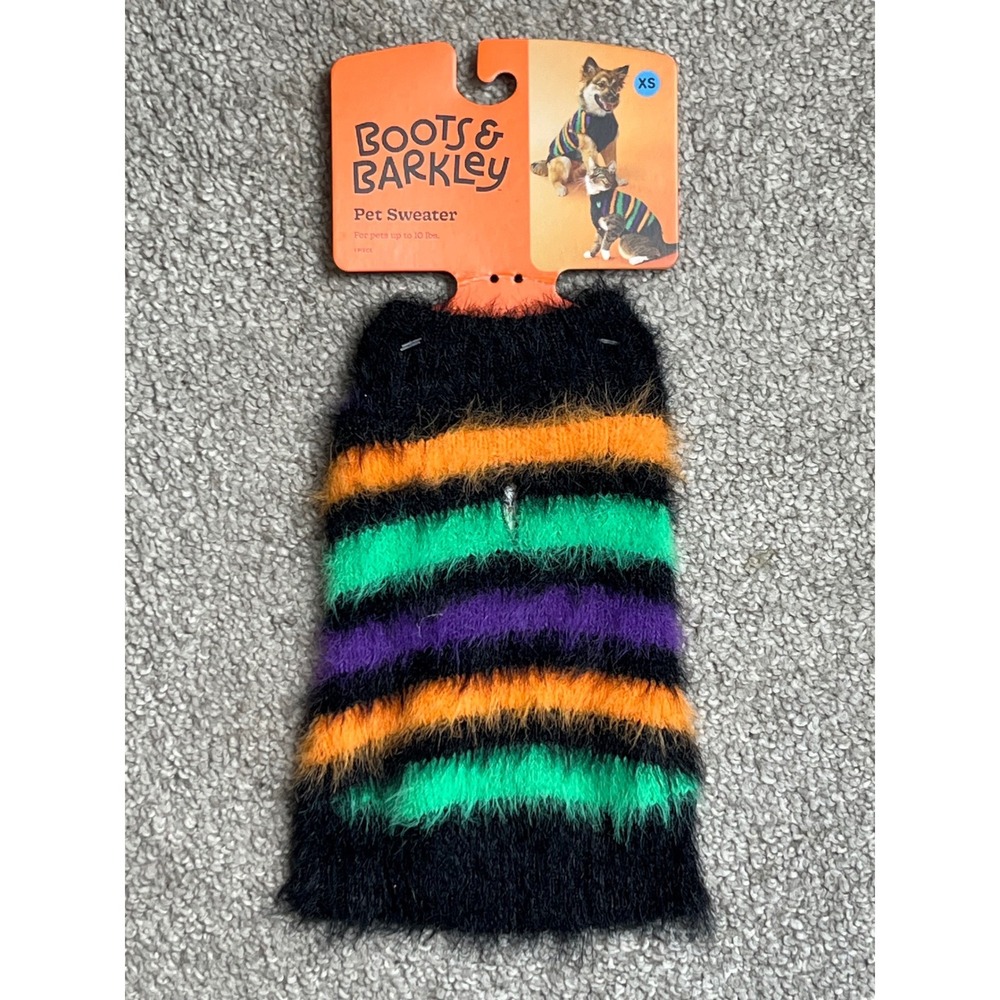 Boots & Barkley Pet Sweater Halloween Stripe Fuzzy Eyelash Knit Black Multi XS